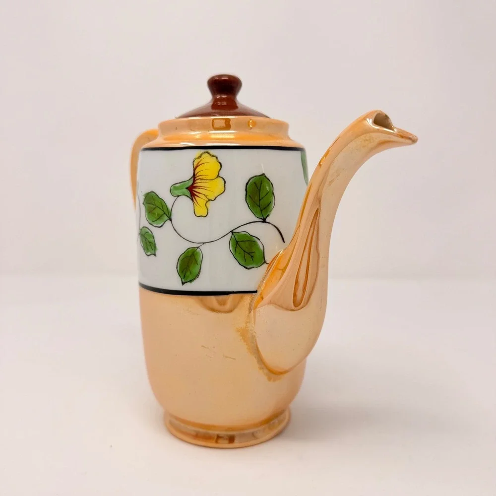 Vintage Japanese Lusterware Teapot Peach Hand Painted Parrot‎ Floral Made Japan